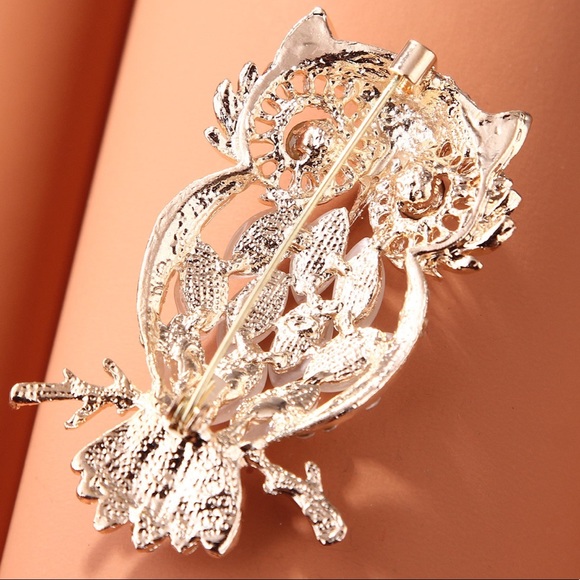 Rhinestone Gold Owl Wisdom Brooch Pin - Picture 2 of 5